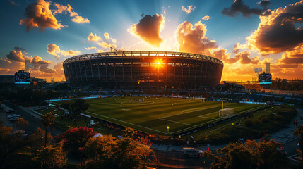 stadium at sunset or sunrise, sport arena, architecture design, city view. Wall Art Poster Print...