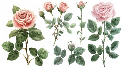 A collection of watercolor pink roses with green leaves and stems isolated on white background. Perfect for romantic designs.