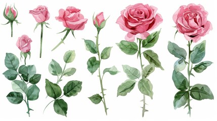 A collection of watercolor pink roses in various stages of bloom, perfect for wedding invitations, floral designs, and romantic themes.