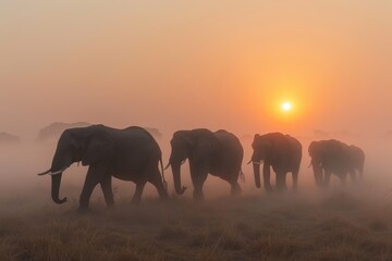 A breathtaking image capturing a herd of elephants walking through the misty savannah at sunrise under an ethereal orange sky in a tranquil setting