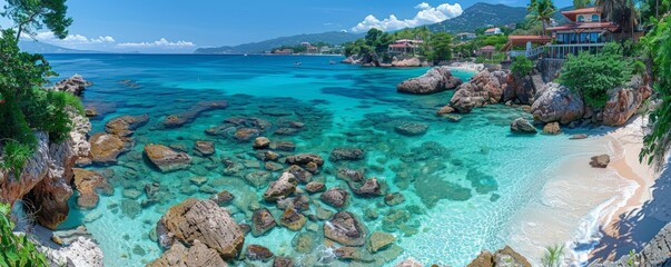 A breathtaking panoramic view of a serene tropical beach with turquoise waters, rocky outcrops, and lush greenery set against a backdrop of distant mountains
