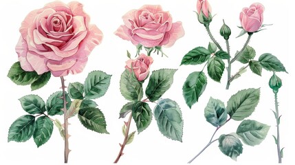 A collection of watercolor pink roses with green leaves and thorns.  Perfect for wedding invitations, greeting cards, and more.