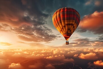 Obraz premium Hot air balloon flying high in the sky at sunset