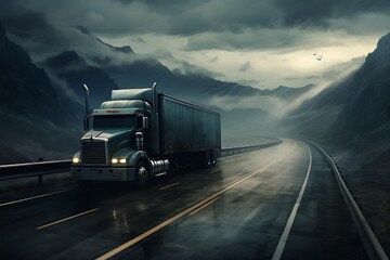 Truck with container on highway, cargo transportation