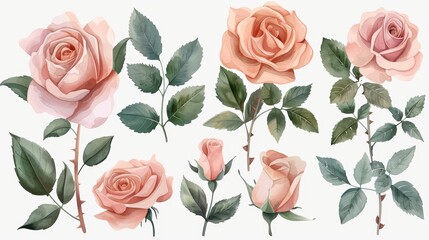 A set of delicate pink watercolor roses with green leaves and stems, perfect for floral design projects.