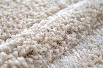 A close-up view of a soft and fluffy beige shaggy carpet texture highlighting the intricate details of its fibers and texture