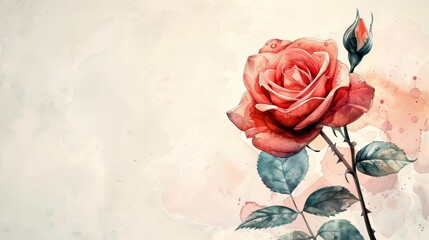 A single red rose with leaves and a bud on a white watercolor background.