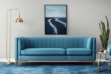 Blue living room - modern interior with luxurious furniture. Art mockup: empty navy, dark black wall, deep cobalt chair, blank cyan background. Premium lounge hall. 3D render