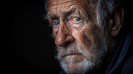 A deeply introspective and striking close-up portrait of an elderly man with expressive blue eyes, aged skin, and a contemplative expression against a dark background