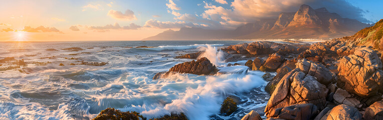 Breathtaking View of Clifton Ocean on the Atlantic Seaboard with a Picturesque Island on cloudy...
