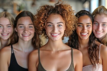Fototapeta premium A group of five diverse young women with different hairstyles and radiant smiles posing together in a brightly lit indoor setting