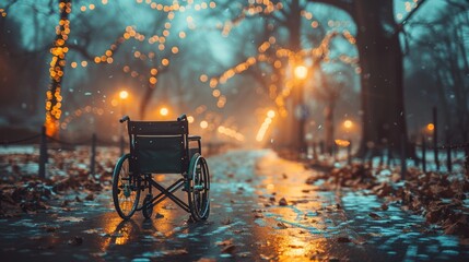 A serene and evocative evening scene of an empty wheelchair on a leaf-strewn, illuminated pathway with glowing lights and blurred, warm bokeh effects, creating a poignant atmosphere