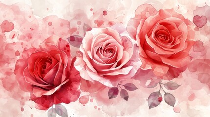 Three watercolor roses in shades of pink and red with scattered petals on a white background.