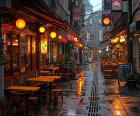 Fototapeta premium A serene, rain-soaked narrow alleyway in the heart of an urban area, beautifully lit with warm lanterns and lined with cozy wooden tables and vibrant storefronts