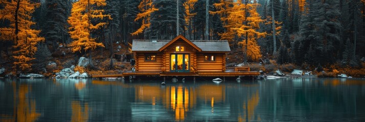 A serene, picturesque log cabin nestled on the edge of a tranquil, reflective lake surrounded by...