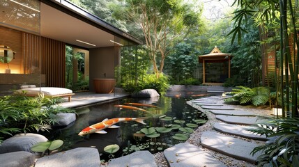 The image shows a beautiful garden with a pond, a stone path, and a wooden house