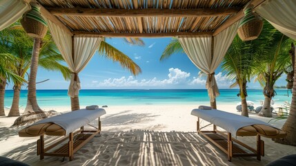 Tropical Beach Spa: A luxurious spa cabana on a white sandy beach, with massage tables facing the ocean,