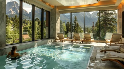 Mountain View Spa Retreat: An elegant spa with floor-to-ceiling windows offering a breathtaking view of the mountains,