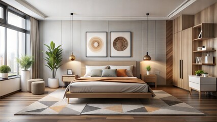 Fototapeta premium Décor in a modern bedroom is kept to a minimum, with a focus on clean lines and geometric shapes. Abstract art or simple prints add visual interest to the walls, while decorative accents like 