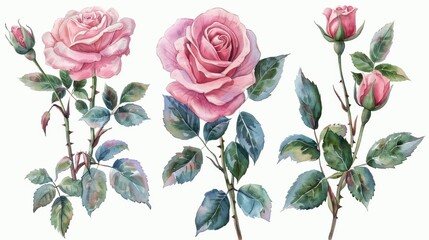 Watercolor illustration of four pink roses with green leaves and thorns on a white background.