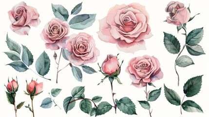Watercolor illustration of pink roses and green leaves, isolated on white background. Perfect for floral design and wedding stationery.