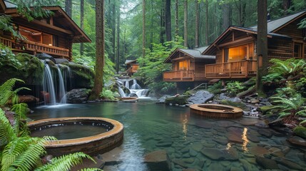 A photo of a beautiful natural hot spring resort with wooden cabins and a waterfall. The water is crystal clear and the surroundings are lush and green.