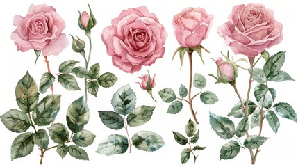 Watercolor illustration of pink roses and leaves, isolated on white background. Perfect for floral designs, invitations and more.