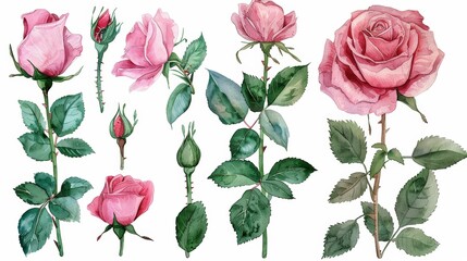 Watercolor illustration of pink roses in various stages of bloom, perfect for romantic designs.