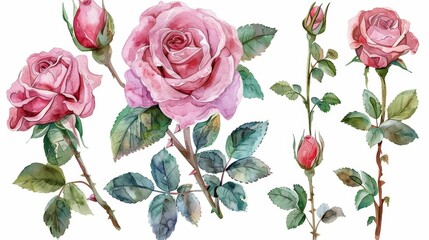 Naklejka premium Watercolor illustration of pink roses with green leaves and stems. Isolated on white background. Romantic floral clipart. Perfect for wedding invitations, stationery, and more.
