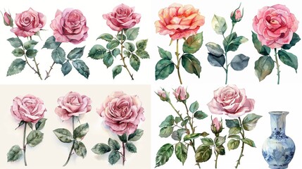 Watercolor illustration of pink roses with green leaves and a blue and white vase.