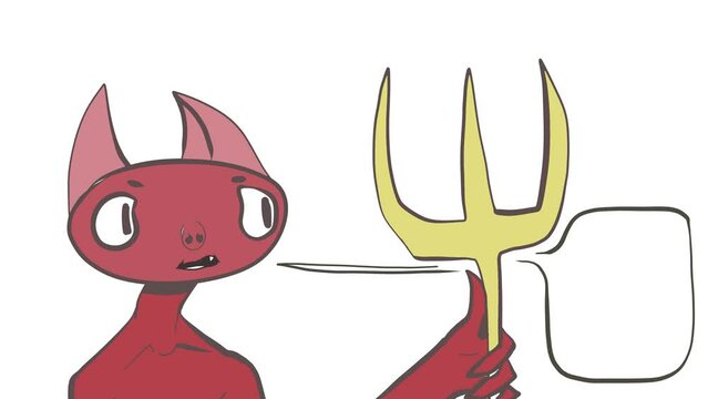 A horned demon-man stands with a trident in his hand and talks about something.