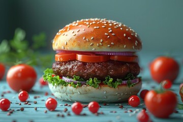A hamburger with lettuce, tomatoes, onions on a bun on a table