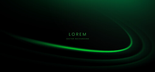 Abstract technology futuristic curved glowing neon green light ray on dark green background with lighting effect.
