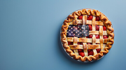 Tasty American flag pie on blue background with space for text, top view