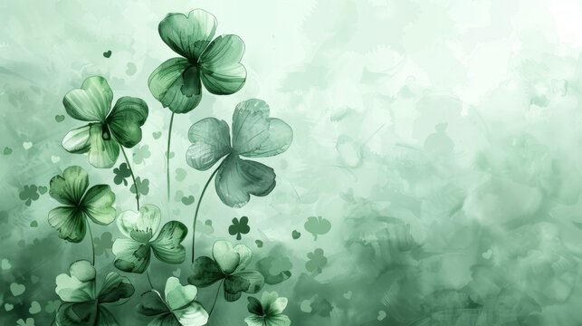 Watercolor painting of green shamrocks on a soft green background.  Perfect for St. Patrick's Day or Irish themed designs.