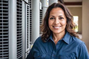 Portrait of a cheerful Hispanic HVAC technician. With confidence and expertise, she embodies professionalism in her work, indoors or outdoors, ensuring comfort and satisfaction for her clients.