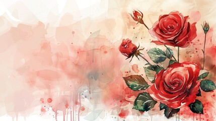 Watercolor painting of red roses on a pink and white background.  A beautiful floral design for greeting cards and invitations.
