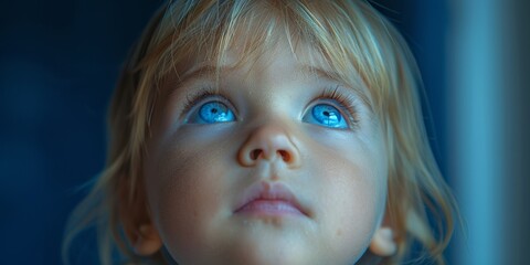 Captivating close-up of a child with striking blue eyes looking upwards, capturing an innocent and curious expression in a natural setting