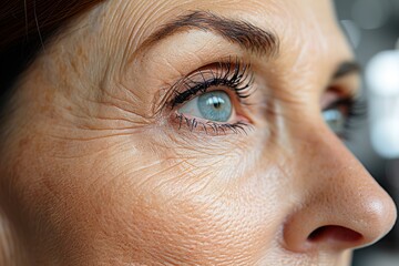 Fototapeta premium Close-up image of an elderly woman's eye highlighting details of wrinkles and skin texture, capturing the essence of aging and the passage of time vividly