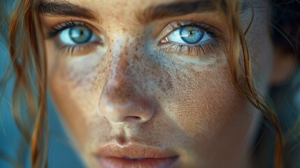 Close-up portrait of a woman with striking blue eyes and sun-kissed freckles, evoking emotions through her intense gaze