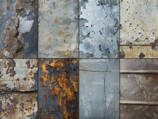 Array of weathered, multicolored metal panels with a rustic, aged patina. Industrial salvage
