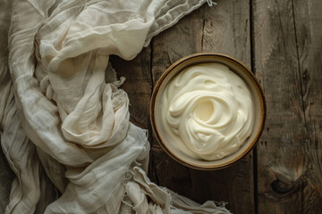 Bowl of Greek yoghurt on a wooden table with a white cloth