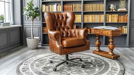 Elegant and Comfortable Brown Leather Armchair in a Sophisticated Home Library with Wooden Bookshelves, a Large Desk, and a Decorative Rug