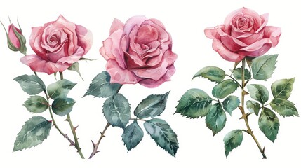 Naklejka premium Watercolor pink roses with green leaves and stems, isolated on white background. Perfect