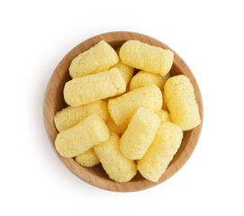 Wooden bowl with tasty corn sticks on white background