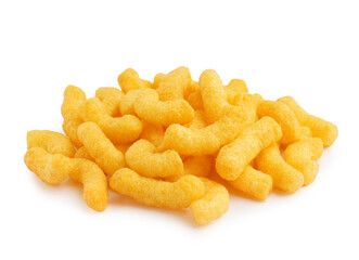 Pile of tasty salty corn sticks on white background