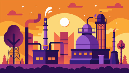 Naklejka premium The quiet stillness of dawn is broken by the sound of alarms and whirring machinery as the refinery gears up for another day of production.. Vector illustration