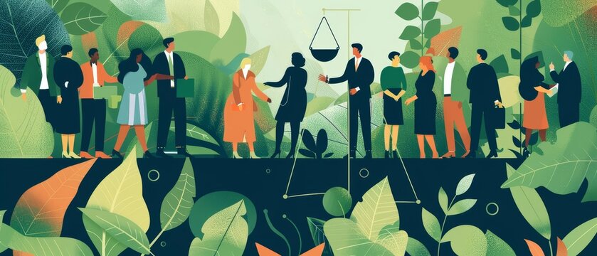 A business ethics illustration presenting a company prioritizing ethical practices and transparency, building trust with stakeholders and customers