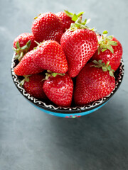 Fresh Ripe Red Strawberries In Decorative Bowl On Gray Background, Copy Space