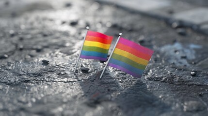 Two small pride flags planted on a wet urban surface, reflecting sunlight amidst small pebbles